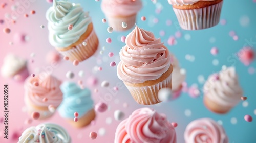 Several cupcakes in flight and falling over a background of pastel pink and blue