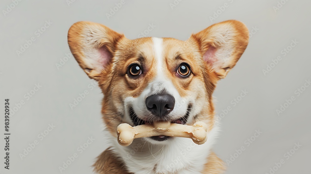 Happy Pembroke Welsh Corgi Dog Chewing on a Bone Happy Pembroke Welsh Corgi Dog Chewing on a Bone