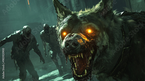 A zombie dog snarling at a group of survivors, with glowing eyes and torn fur. photo