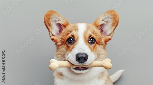 Cute Pembroke Welsh Corgi Puppy Dog Holding Bone Treat