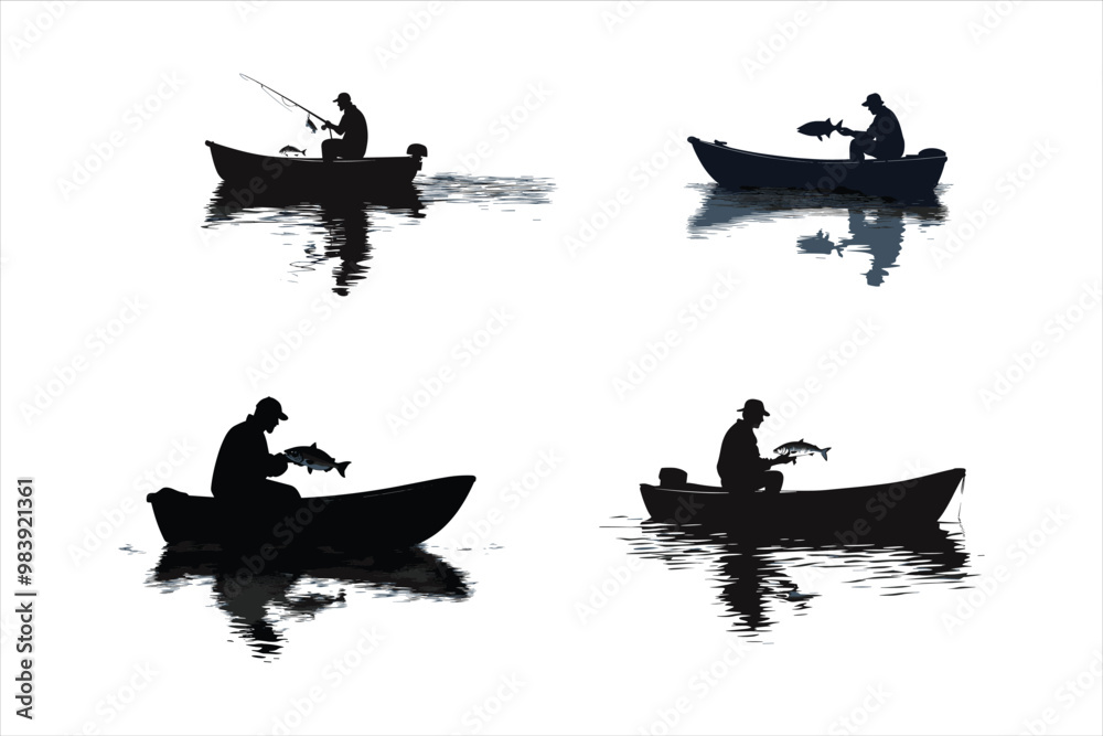 Fisherman vector silhouettes, Set of silhouette fisherman. Collection of fishing man on the waves and of the boat Fisherman vector silhouettes, Set of silhouette fisherman. Collection of fishing man on the waves and of the boat