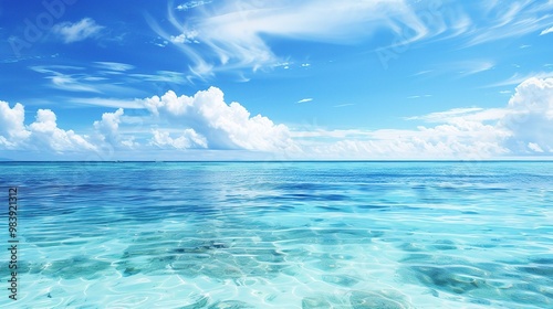 A beautiful scene of the blue ocean against the blue sky background. The ocean stretches out as far as the eye can see, with its surface glistening in the sunlight