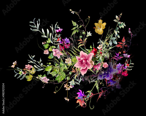 watercolor painting of leaves and flower, on dark background