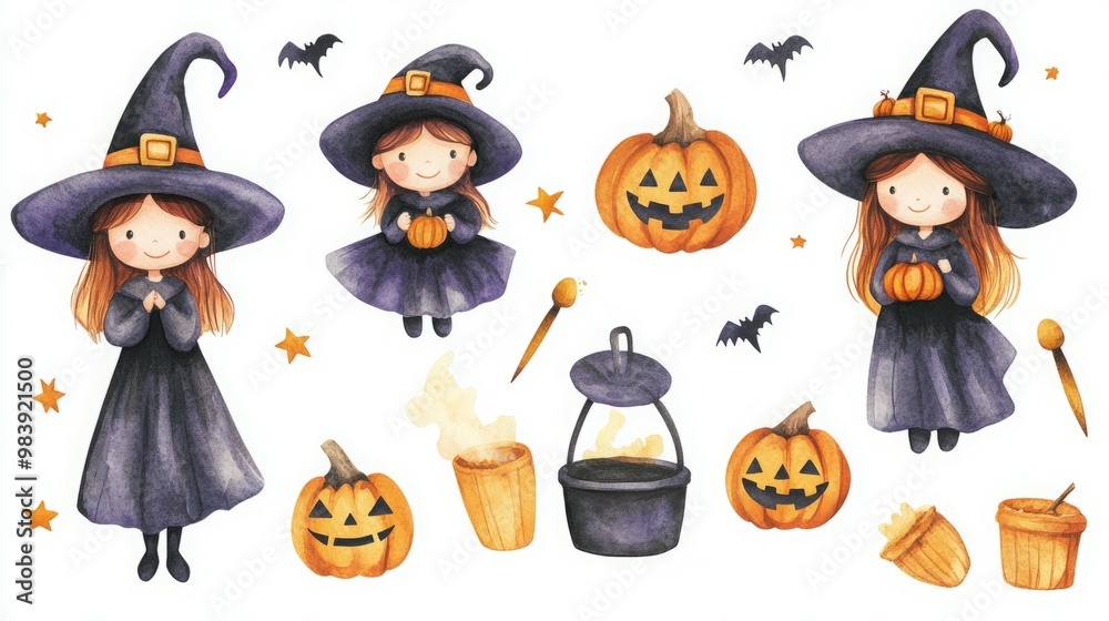 Cute cartoon witches in black dresses and pointy hats with pumpkins Cute cartoon witches in black dresses and pointy hats with pumpkins