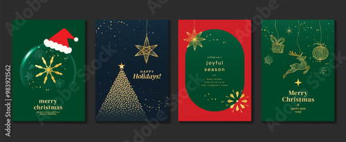 Luxury christmas invitation card art deco design vector. Christmas bauble, snowflake, reindeer in spot texture on green, navy blue and red background. Design illustration for cover, poster, ads.