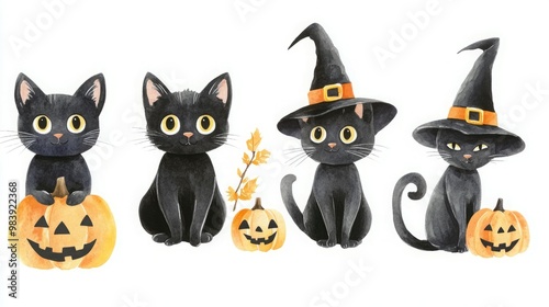 Four black cats in Halloween costumes, one with a pumpkin.