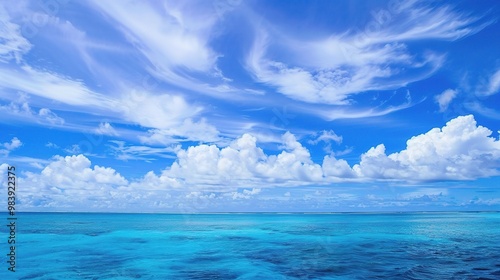 A beautiful scene of the blue ocean against the blue sky background. The ocean stretches out as far as the eye can see, with its surface glistening in the sunlight