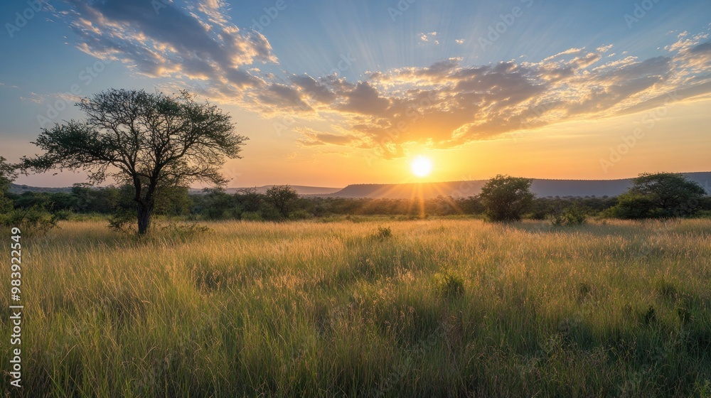 Dawn over the grasslands and savanna in the heart of South Africa's Kruger National Park
