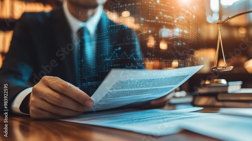 Banker in close-up reviewing financial documents, serious expression, legal books and digital screen in background, emphasizing compliance and financial regulation.