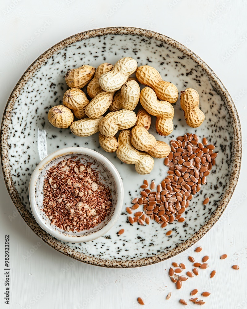 A plate with peanuts and flaxseeds, showcasing healthy snack options.
