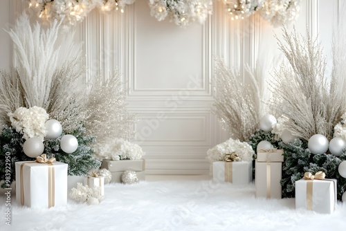 Festive Christmas Backdrop with Colorful Ornaments, Twinkling Lights, Cheerful Atmosphere, Perfect for Holiday Gatherings