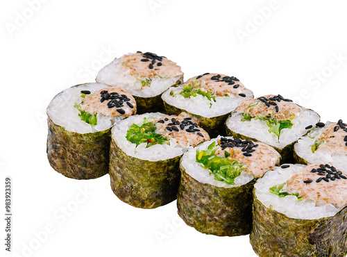 Delicious sushi rolls with sauce and sesame seeds on white background