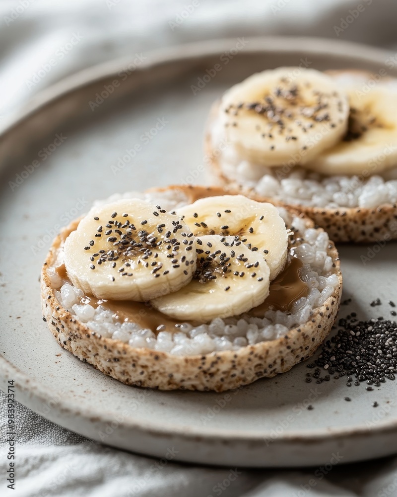 A plate with rice cakes topped with banana slices, nut butter, and chia seeds. A plate with rice cakes topped with banana slices, nut butter, and chia seeds.