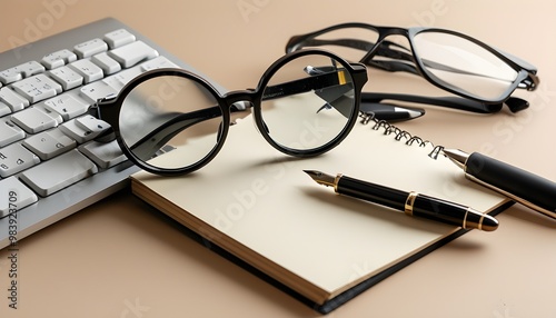 Letter of Intent with Keyboard, Magnifying Glass, Glasses, and Pen on a Beige Background