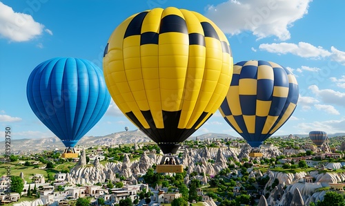 Cappadocia's Enchanting Skies, vibrant hot air balloons soar above unique rock formations and fairy chimneys, creating a breathtaking aerial view.