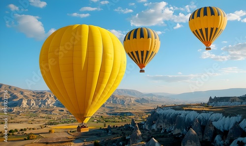 Cappadocia Balloons, colorful hot air balloons gracefully gliding over the unique rock formations and valleys of Cappadocia, Turkey at dawn