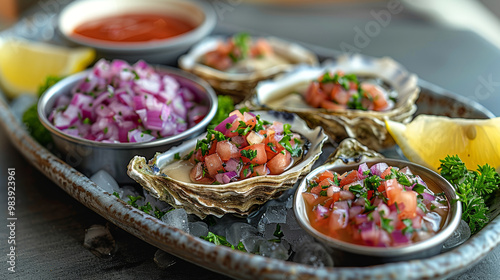 A platter of freshly shucked oysters on the half shell, glistening with freshness, accompanied by mignonette sauce, lemon wedges, and a hint of cocktail sauce.