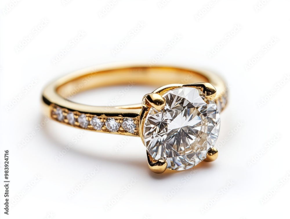 A beautiful gold and diamond engagement ring, highlighted against a white background, perfect for use in stock photos for wedding and engagement themes A beautiful gold and diamond engagement ring, highlighted against a white background, perfect for use in stock photos for wedding and engagement themes