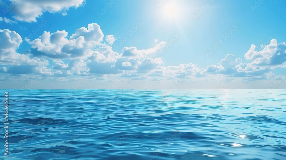 A beautiful scene of the blue ocean against the blue sky background. The ocean stretches out as far as the eye can see, with its surface glistening in the sunlight A beautiful scene of the blue ocean against the blue sky background. The ocean stretches out as far as the eye can see, with its surface glistening in the sunlight