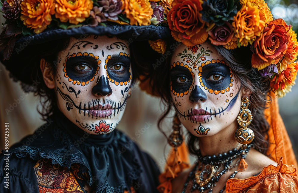 Young girl and guy with makeup and sugar skull hairstyle. Day of the Dead. Young girl and guy with makeup and sugar skull hairstyle. Day of the Dead.