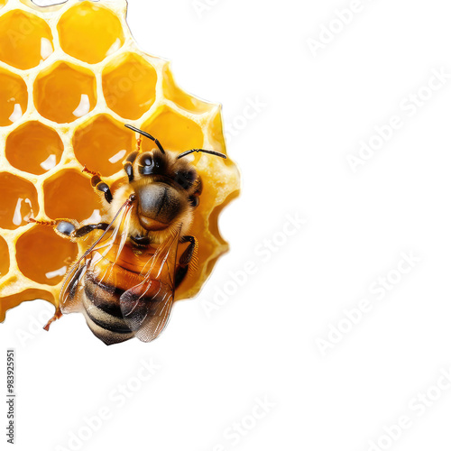 Close-up of a bee on honeycomb, showcasing nature's beauty and the importance of pollinators in our ecosystem. photo