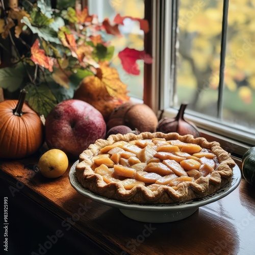 A close-up of a Thanksgiving pie cooling on a windowsill, surrounded by freshly harvested fruits and pumpkins, [Thanksgiving], [harvest baking] photo