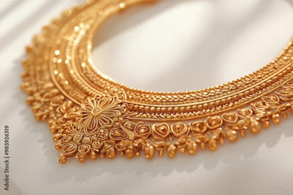 A detailed gold necklace displayed on a white background, the intricate design showcased clearly A detailed gold necklace displayed on a white background, the intricate design showcased clearly