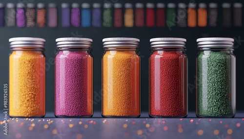 Organic spice jars, with vibrant powders, 3D illustration