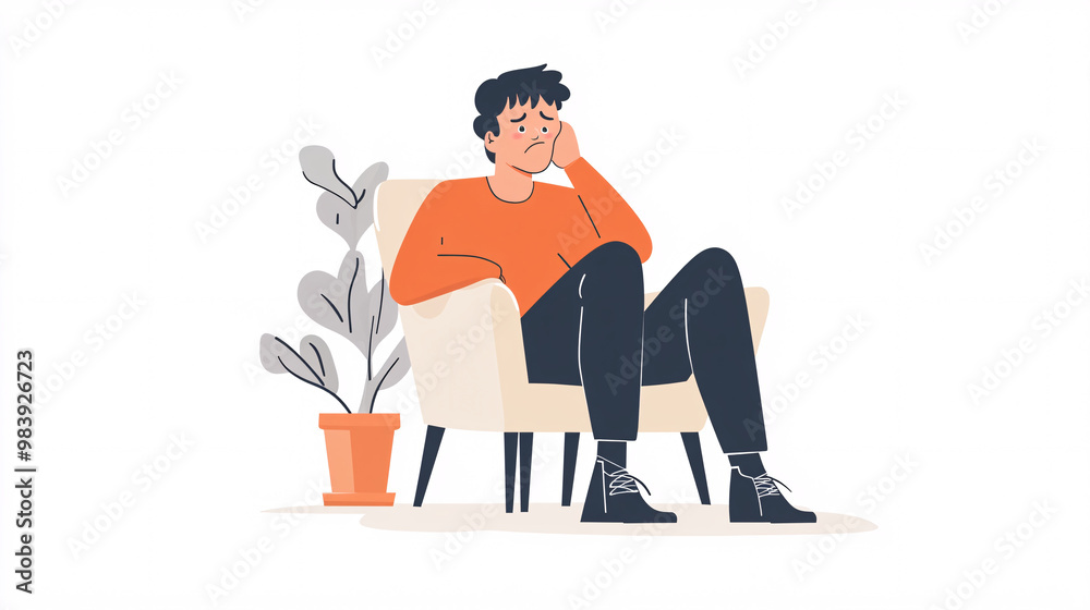 Illustration of a man sitting on the chair in a calm room with potted plants, expressing feelings of melancholy and sadness Illustration of a man sitting on the chair in a calm room with potted plants, expressing feelings of melancholy and sadness