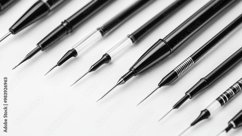 A collection of fine-tipped black pens arranged in a row. A collection of fine-tipped black pens arranged in a row.