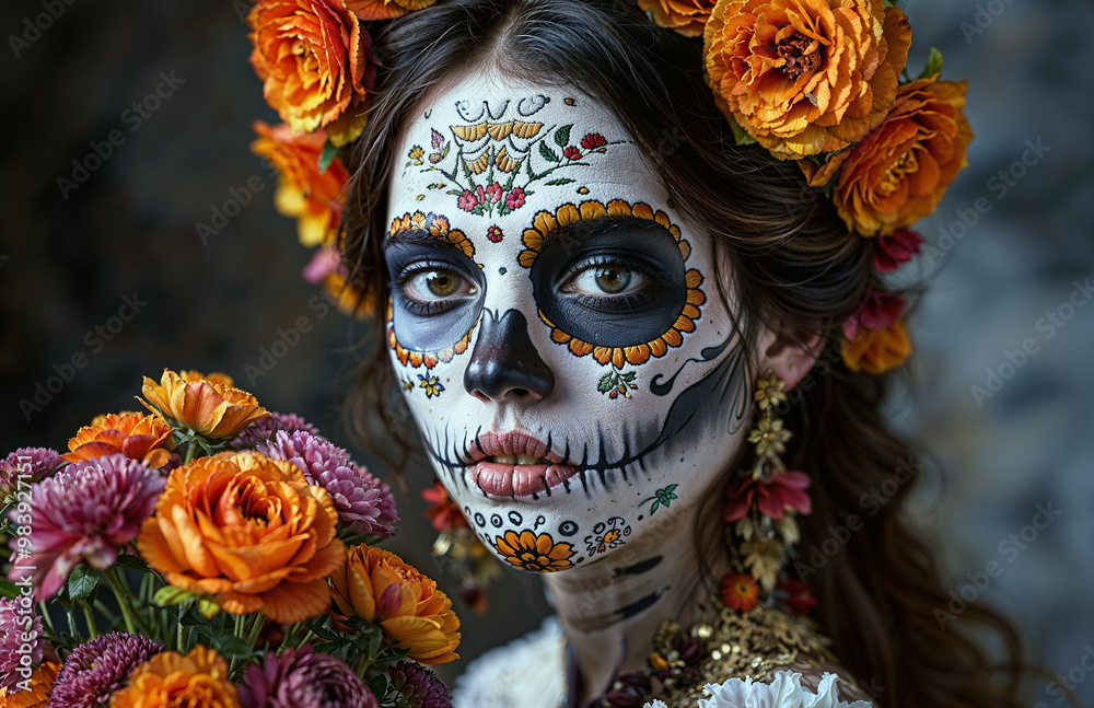 Day of the Dead sugar skull makeup with colorful flowers on dark background Day of the Dead sugar skull makeup with colorful flowers on dark background