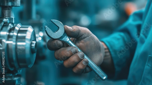 An engineer adjusting a machine with a spanner under soft industrial lighting, focus on the tool and the engineer s hands, maintenance in action photo