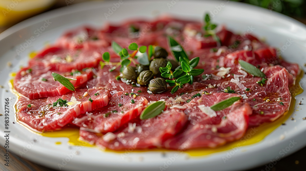 An elegant plate of beef carpaccio, featuring artfully arranged slices drizzled with olive oil and lemon juice, topped with capers and shaved Parmesan. An elegant plate of beef carpaccio, featuring artfully arranged slices drizzled with olive oil and lemon juice, topped with capers and shaved Parmesan.
