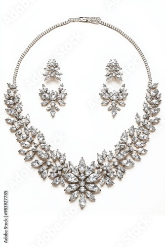 A luxury bridal jewelry set featuring a diamond necklace and earrings, isolated on a white background for a clean and elegant look photo