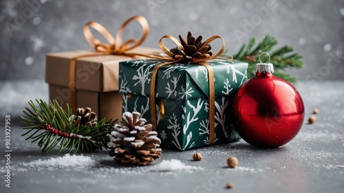 Christmas Gifts and Ornaments on a Snowy Background