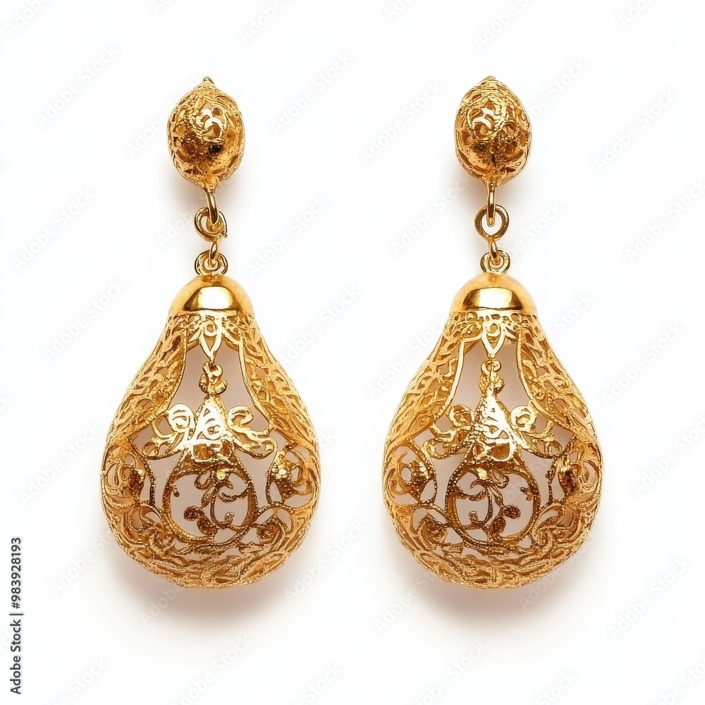 A pair of gold earrings with intricate detailing, isolated on a white background for a clean and sharp stock photo A pair of gold earrings with intricate detailing, isolated on a white background for a clean and sharp stock photo