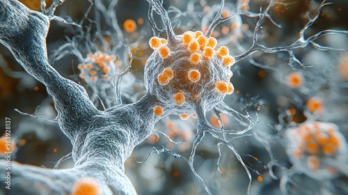 A close-up view of the immune cells attacking the myelin sheath in the brain, causing the degradation seen in MS