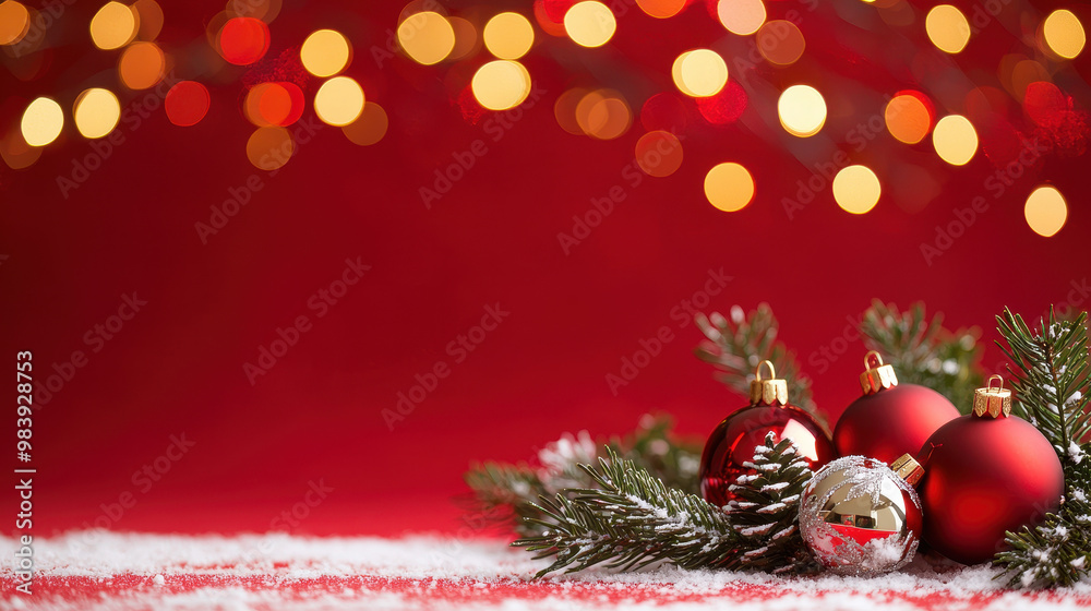 Obraz premium Festive red and gold Christmas ornaments nestled in snow-covered pine branches with blurred holiday lights in the background