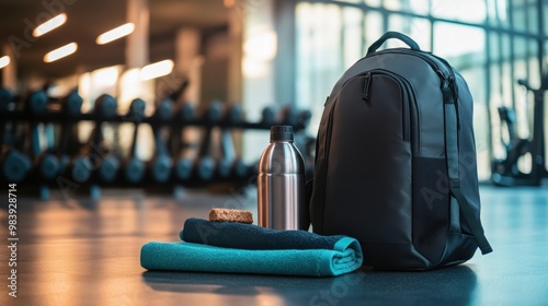 Gym Essentials: Backpack, Water Bottle, Towel, and Snack in Fitness Setting