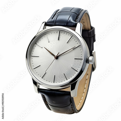 silver watch with black leather band on white background