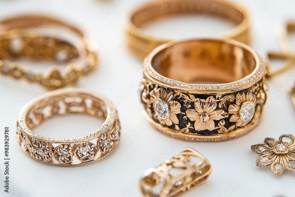 An antique gold and diamond shop signature jewelry collection, displayed in isolation on a white background, with a focus on vintage designs An antique gold and diamond shop signature jewelry collection, displayed in isolation on a white background, with a focus on vintage designs