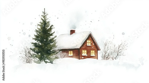 Cozy cabin in snowy forest, perfect winter escape.