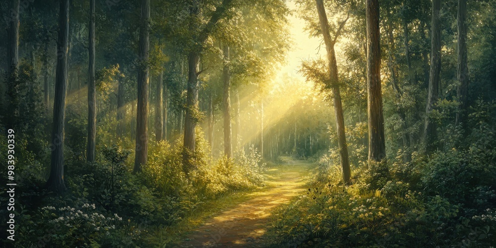 A serene, sunlit path in a dense forest, with tall trees and green underbrush, A serene, sunlit path in a dense forest, with tall trees and green underbrush,