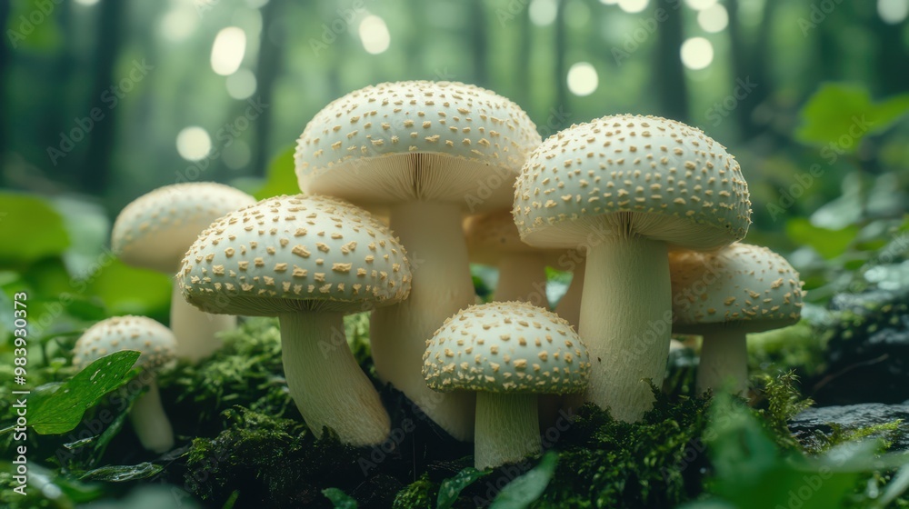 Charming mushrooms flourish in a vibrant forest with sunlight filtering through the trees Charming mushrooms flourish in a vibrant forest with sunlight filtering through the trees