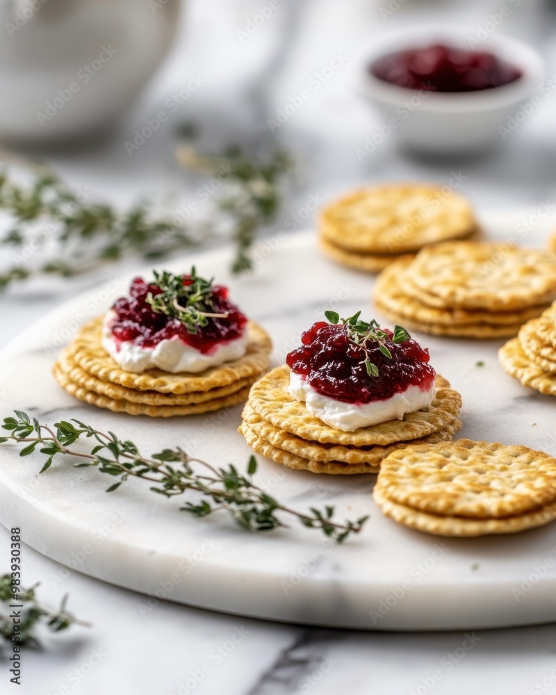 A platter of crackers topped with cream cheese, cranberry sauce, and thyme garnishes. A platter of crackers topped with cream cheese, cranberry sauce, and thyme garnishes.