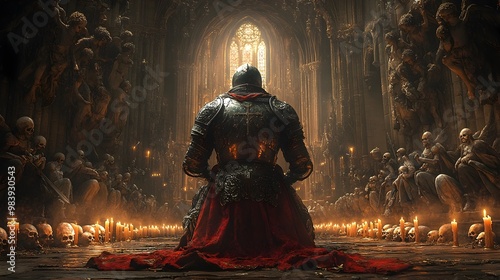 Solitary Knight Kneels in Ornate Gothic Cathedral Bathed in Candlelight