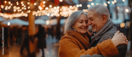 A joyful older couple embracing and enjoying a festive atmosphere illuminated by twinkling lights.