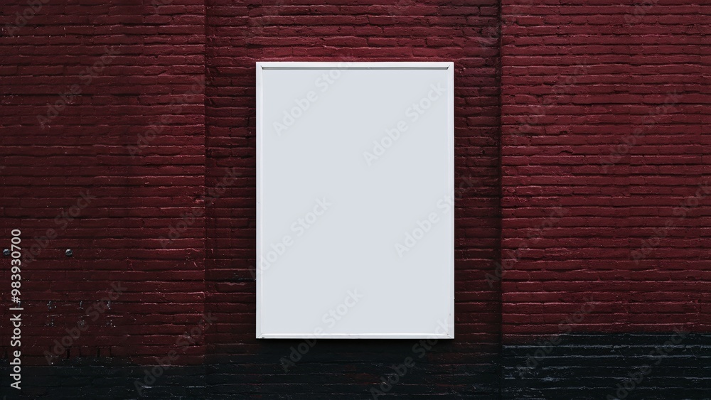 Empty white poster frame placed in the middle of a dark red brick wall. Empty white poster frame placed in the middle of a dark red brick wall.