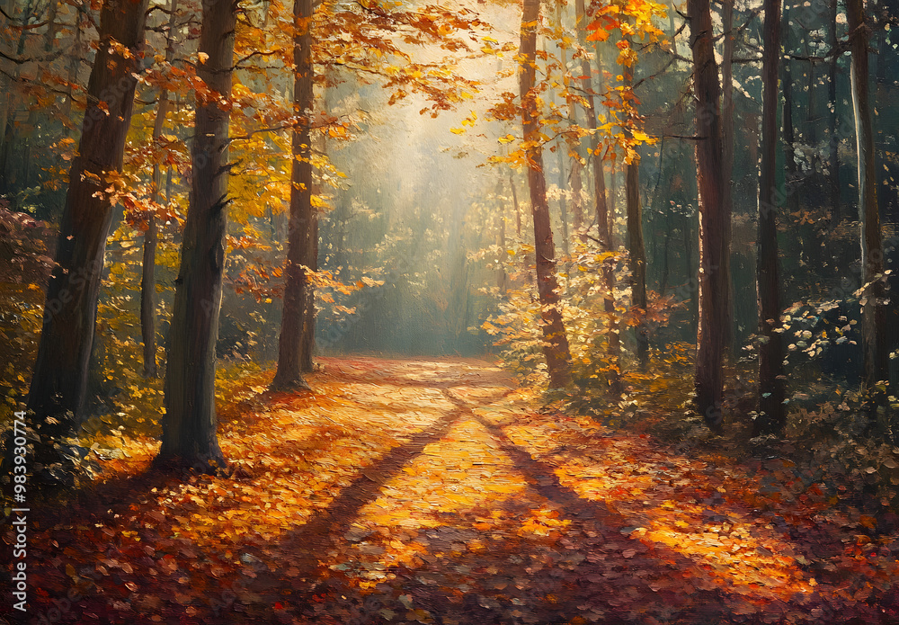 Autumn forest floor, sunlit leaves, warm & serene ambiance. Autumn forest floor, sunlit leaves, warm & serene ambiance.