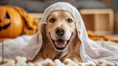 Dog costume party in a haunted house, complete with ghostly tails and bone-shaped treats photo